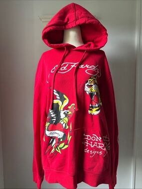 Ed Hardy Red Hoodie with Tiger & Eagle Graphics 2000s Hooded Sweater bold